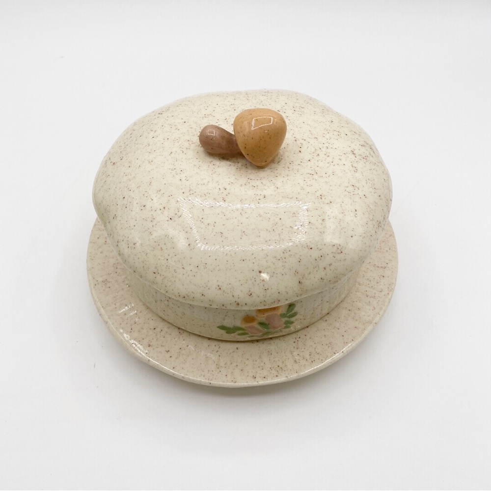 Mushroom Speckled Ceramic Soup Dish with Lid Vintage Cute Retro Charming